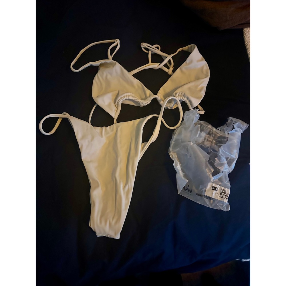 DAVIS Swim Triangle Bikini Set Tan Beige Thong Top Bottoms L XL
